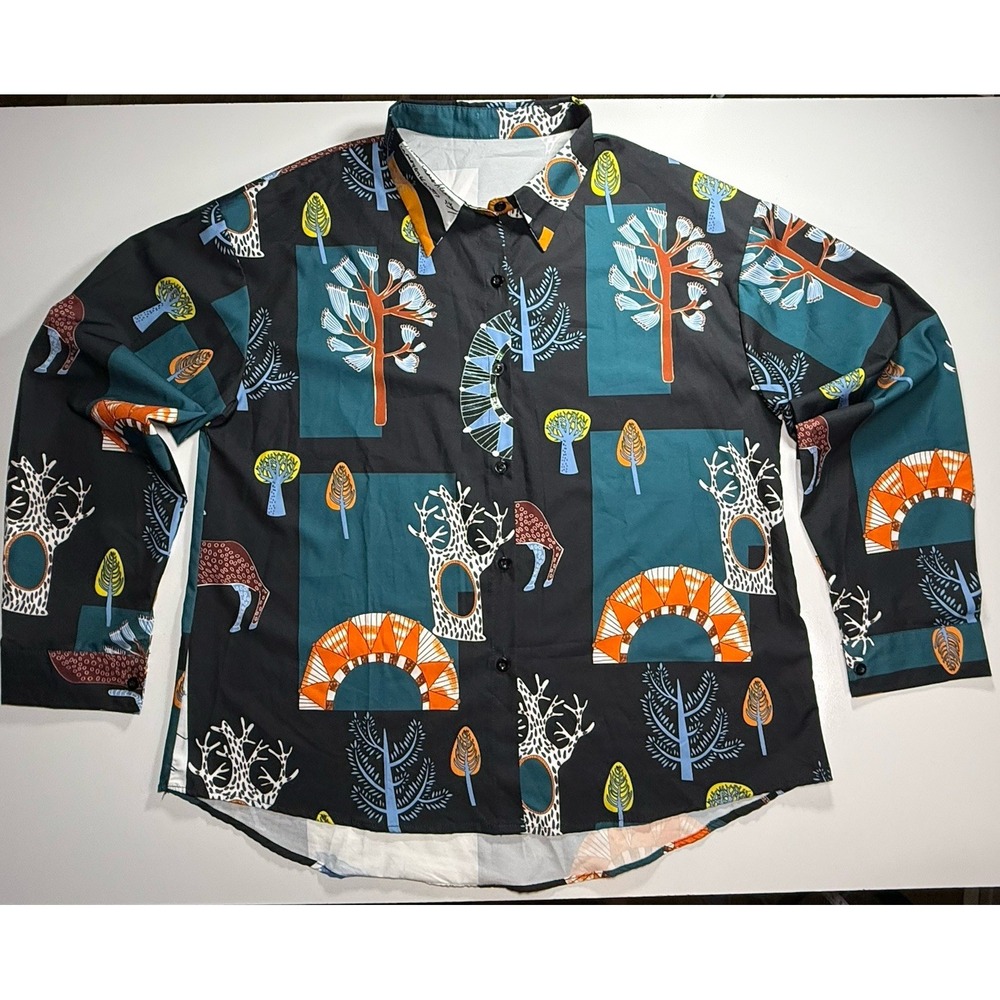 Artistic Pattern Long Sleeve Button Up Shirt Mens XL Abstract Tree Animal Teal